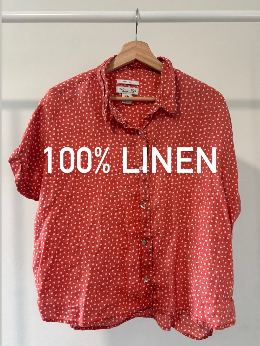 Rachel Zoe Coral Red Polka Dot Button Down Shirt | 100% linen | size M